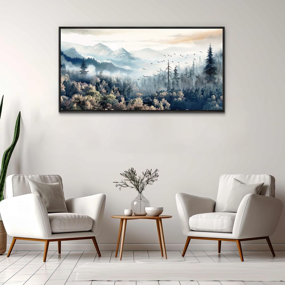 Wapluam Large Black Framed Wall Art For Living Room Abstract Canvas Wall Decoration For Office Fog Forest Landscape Wall Paintings Stretched and Framed Pictures Artwork Modern Bedroom Home Decor