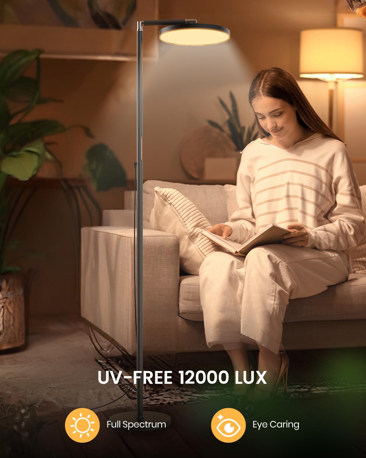 Light Floor Lamp 12000 Lux – UV-Free Full Spectrum LED Floor Lamp with 10 Brightness Levels, 5 Color Modes, 2 Setup Options, Adjustable Height, Remote & Timer for Reading, Bedroom, Office (Black)