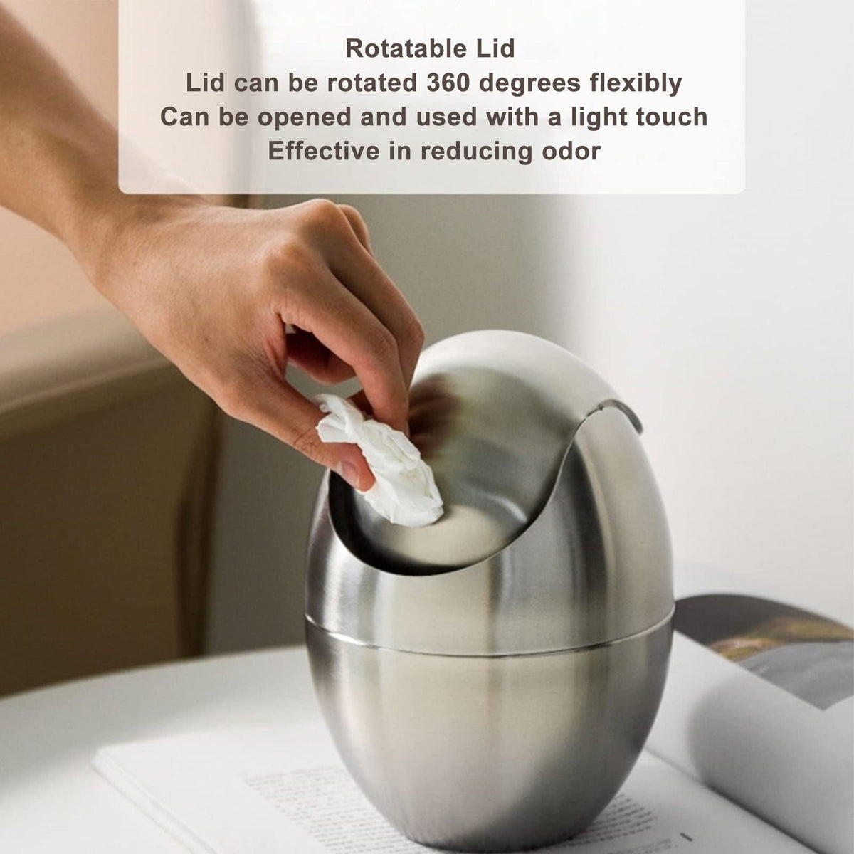 Tyenaza Mini Trash Can, Egg-Shaped Stainless Steel Countertop Garbage Bin, Mini Desk Can with Swing Lid for Office Desk, Coffee Table, Vanity Tabletop, Bedroom