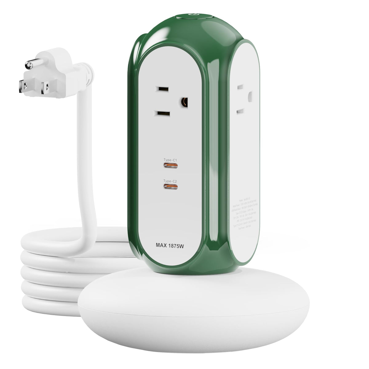 MiaoLab Power Strip Tower with 2 USB-C Ports (30W Fast Charing), 1420J Surge Protector, 4 AC Outlets, 6.6FT Extension Cord with Overload Protection, 1875W/15A Charging Station for Home Office Desk
