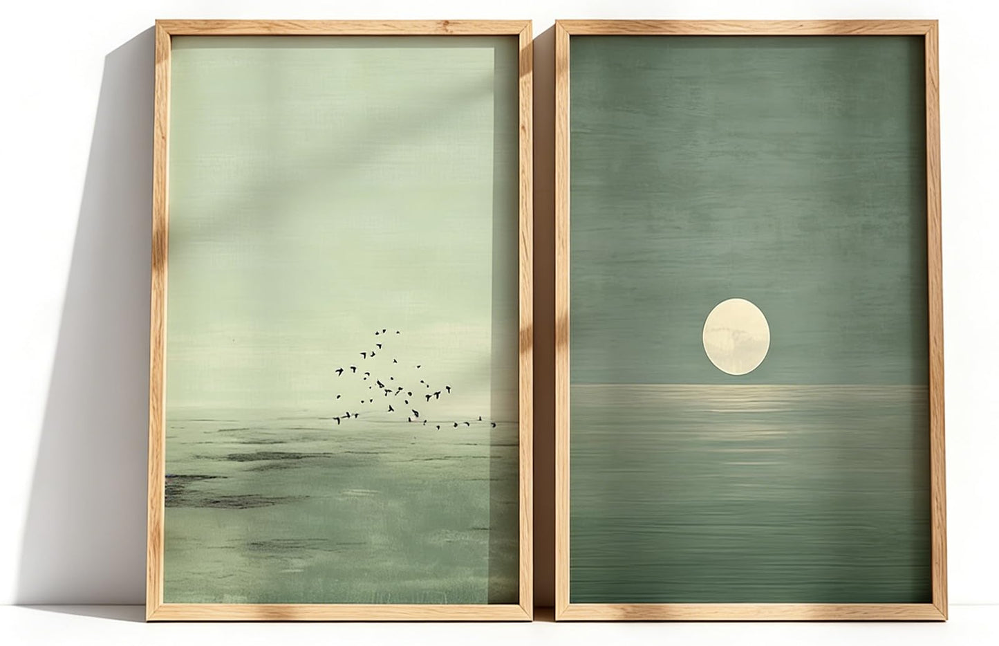Framed Minimalist Sunset Wall Art Green Ocean Landscape Wall Decor Scandinavian Zen Painting Picture Abstract Landscape Poster Prints Artwork for Bedroom Living Room Office Meditation Room