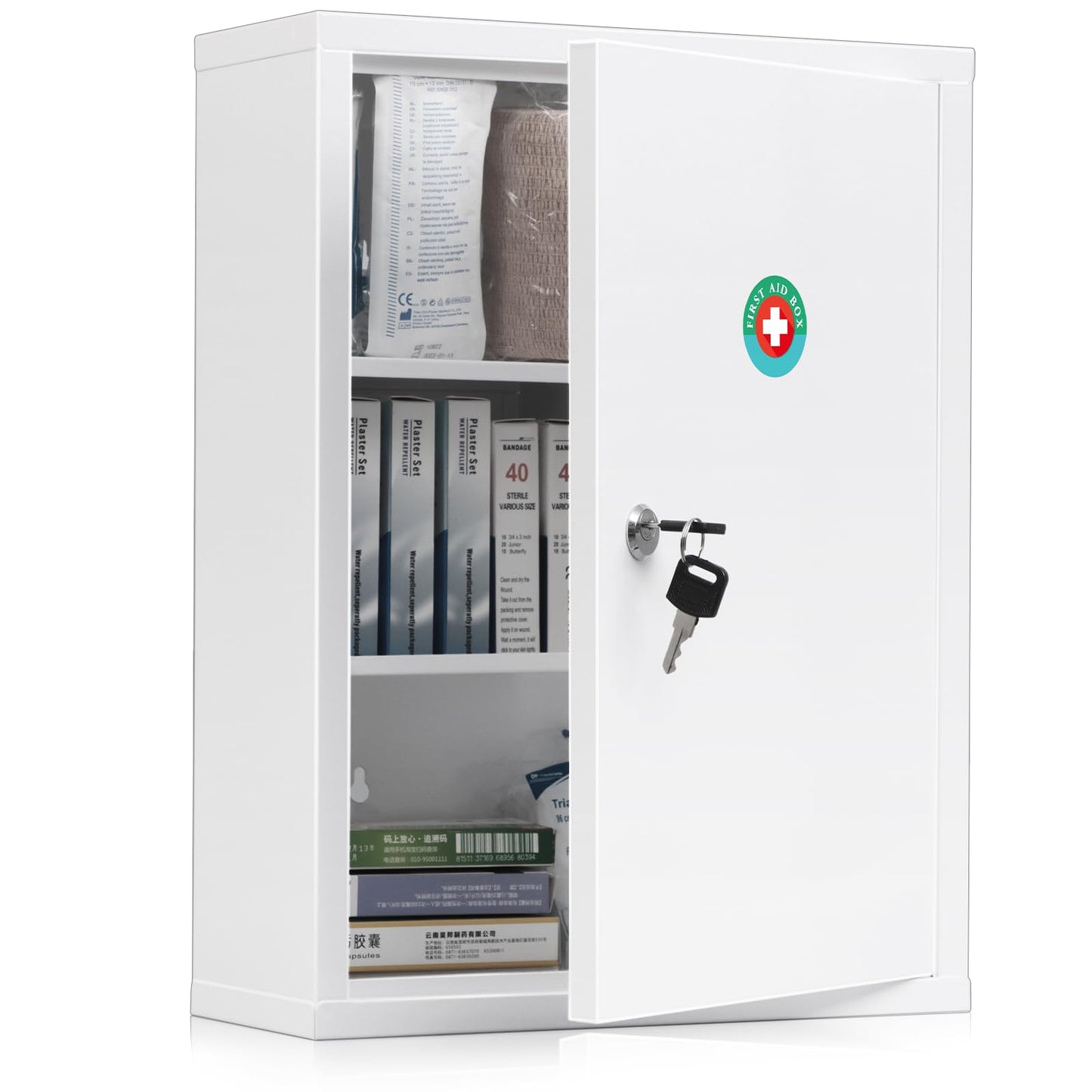KYODOLED Wall Mount Locking Medicine Cabinet, Large Capacity First Aid Cabinet for Bathroom, Medicine Cabinet with Key, Secure Steel Lock Box for Medication, 15.75" H x 11.82" W x 4.72" D, White