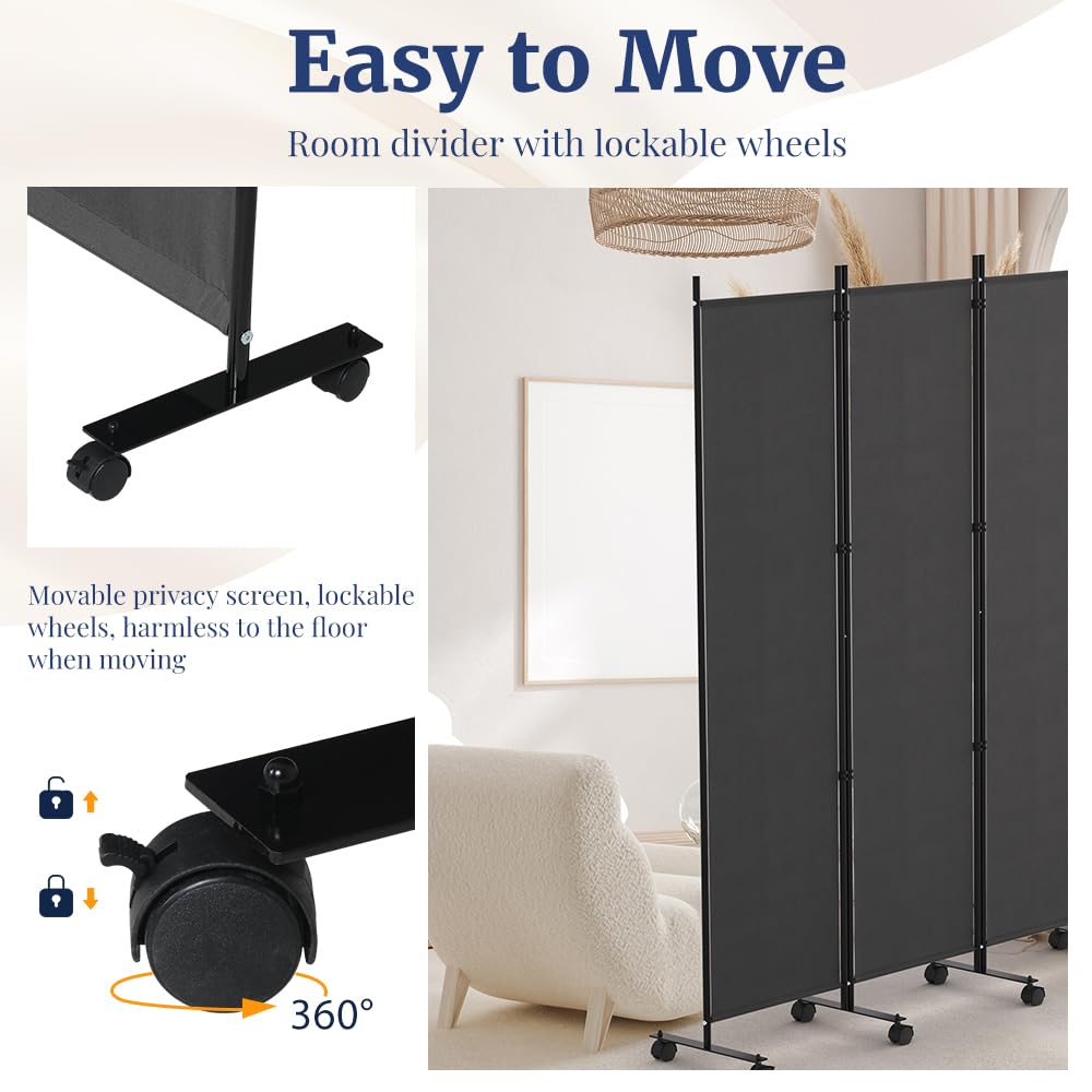 Kokorona 6 Panel Room Divider, 6FT Tall Rolling Privacy Screen with Lockable Wheels, Folding Wall Dividers Portable Room Divider for Room Separation, Included - Cover Strips, Grey, 119''W x 70''H