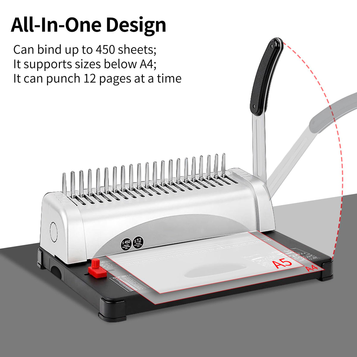 Comb Binding Machine, 21-Hole, 450 Sheets Capacity, Punch up to 12 Sheets,Punch Comb Binder Machines for Letter Size A5/A4 Paper with 100pcs 1/4" Binding Spines
