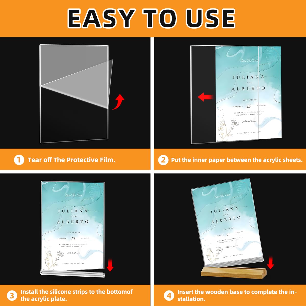 QLKGWEA 3 Pack Acrylic Sign Holder 8.5 x 11 Inch, Wood Base Signs Stand for Menu Flyer Display, Table Clear Plastic T Shape Holder for Stores, Restaurants, Hotels, Office