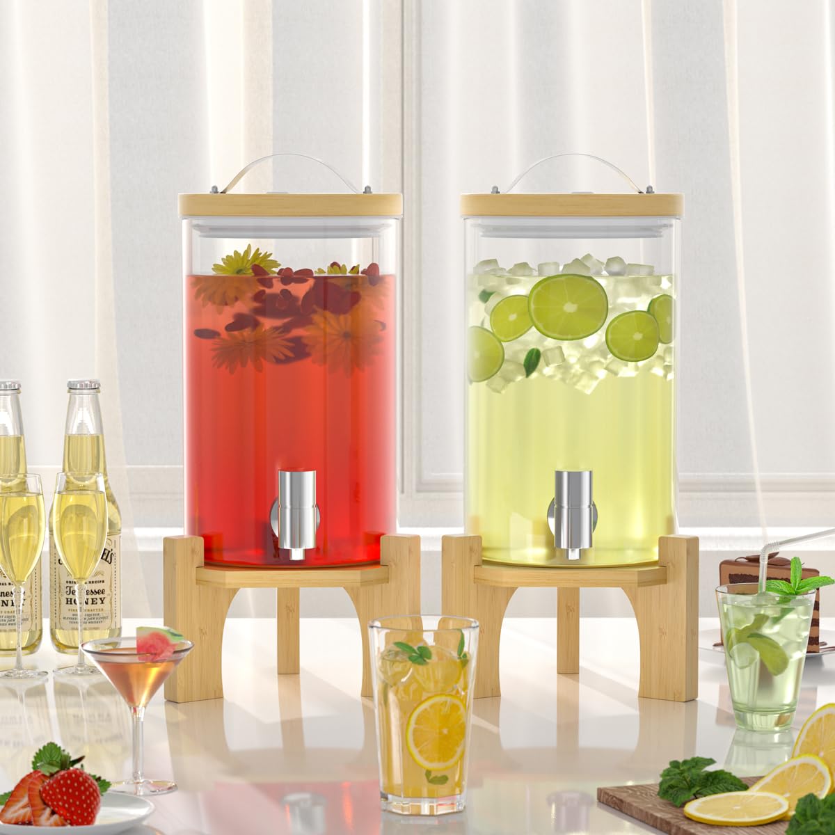 VOVUVK 1.2 Gallon Glass Drink Dispenser For Parties, beverage dispenser with Bamboo wood stand And Stainless Steel Spigot, Juice or lemonade dispenser Laundry Detergent Dispenser (1 PACK)