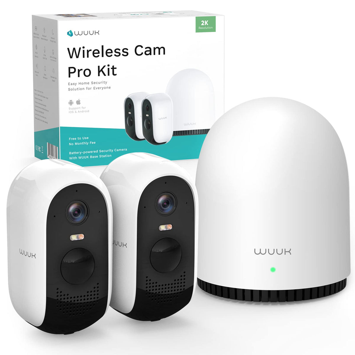WUUK Security Cameras Wireless Outdoor, Indoor Home Surveillance System, 2K, No Monthly Fee, Motion Alert, Night Vision, 2.4/5 GHz WiFi, 32G Local Storage, Compatible with Alexa & Google, 2-Camera Kit