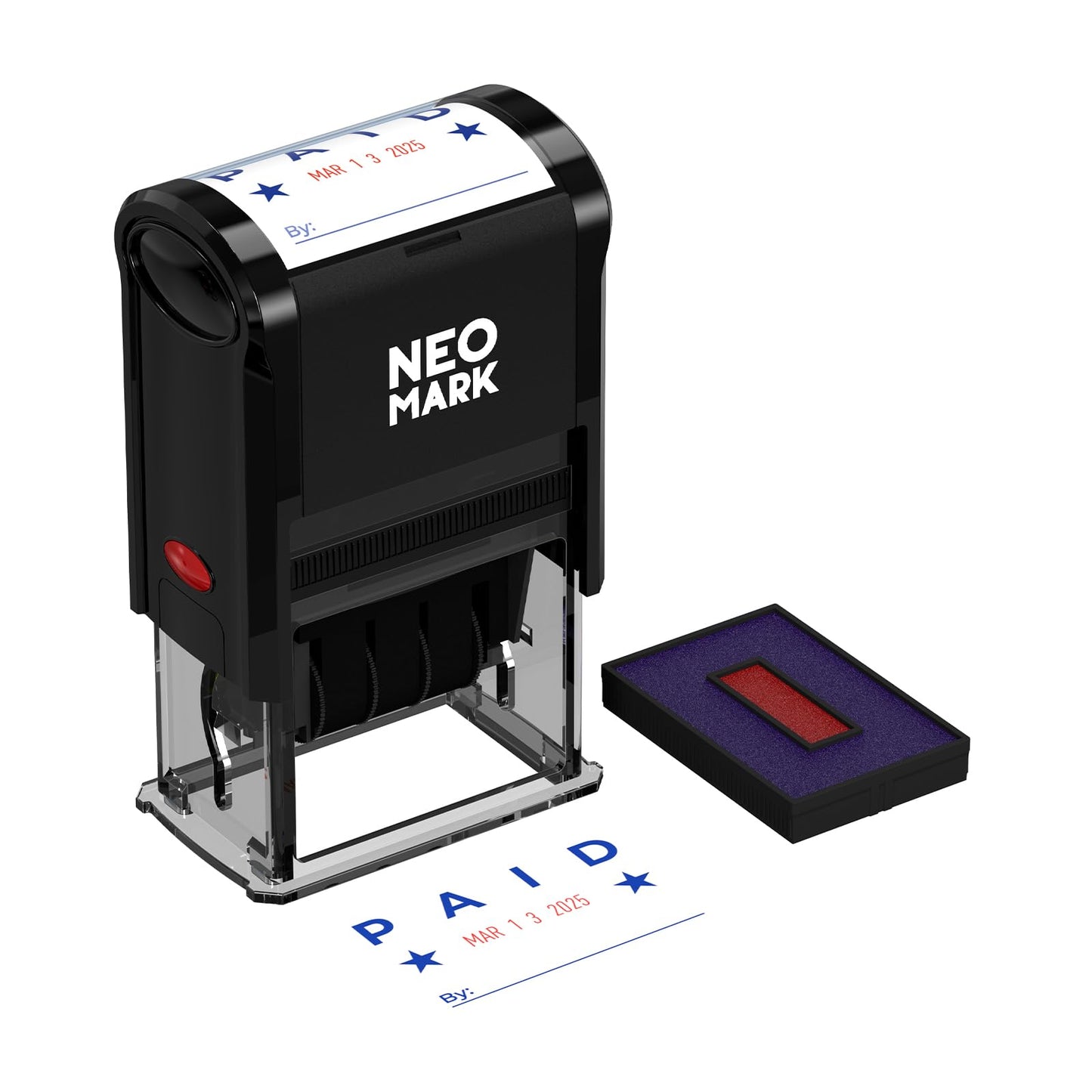 NEO MARK Large Self-Inking Date Office Stamp with Paid Blue Ink & Date Red Ink, 12-Year Adjustable Rubber Dater, Ideal for Documents, Business & Accounting - with an Extra Refill Ink Pad