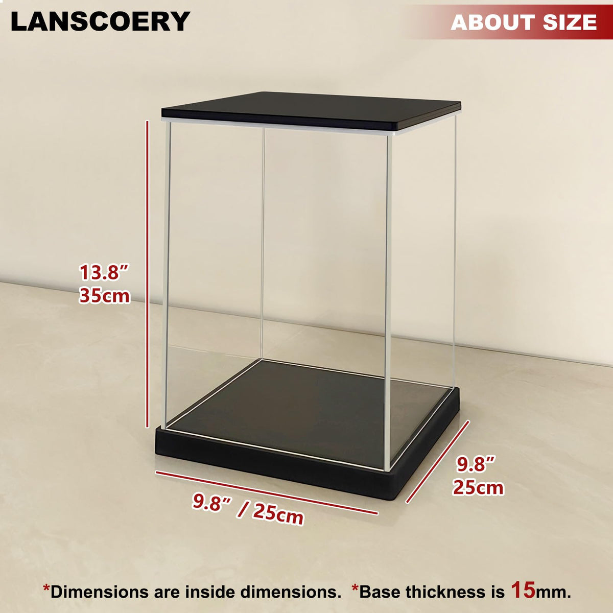 LANSCOERY Acrylic Display Case with Light, 9.8x9.8x13.8 in LED Display Case with 15mm Raised Base, 3mm Clear Panels, 3-Color Dimmable Lighting for Collectibles and Action Figures