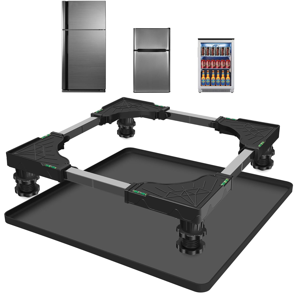 Mini Fridge Stand with Silicone Mat, Universal Stand Base is Adjustable, 4 Sturdy Feet and Hardened Steel Tube, 24''x 24'' Drain Pan, Suitable for Fridge, Washing Machine, Dryer, Wine Cabinet.
