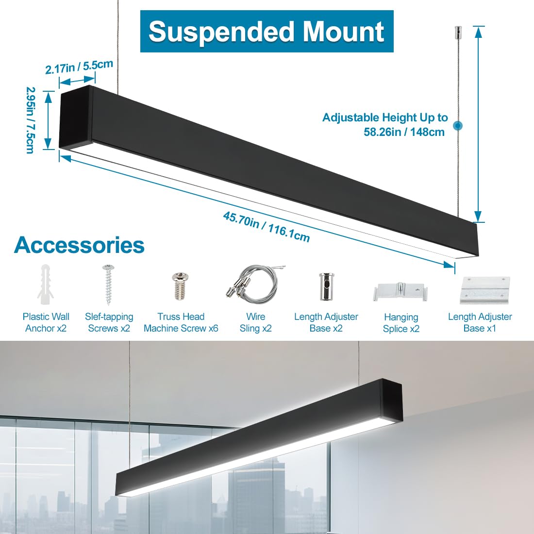4FT Linkable LED Linear Light, 50/45/40/35/30W Adjustable, 3000K/4000K/5000K Selectable Linear Lighting Fixture, 0-10V Dimmable Architectural Hanging Office Shop Light for Gym Retails, ETL 6Pack