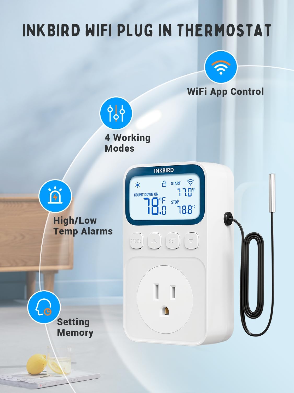 INKBIRD Plug in Thermostat WiFi 1800W 15A Heating Cooling Timer Countdown Mode
