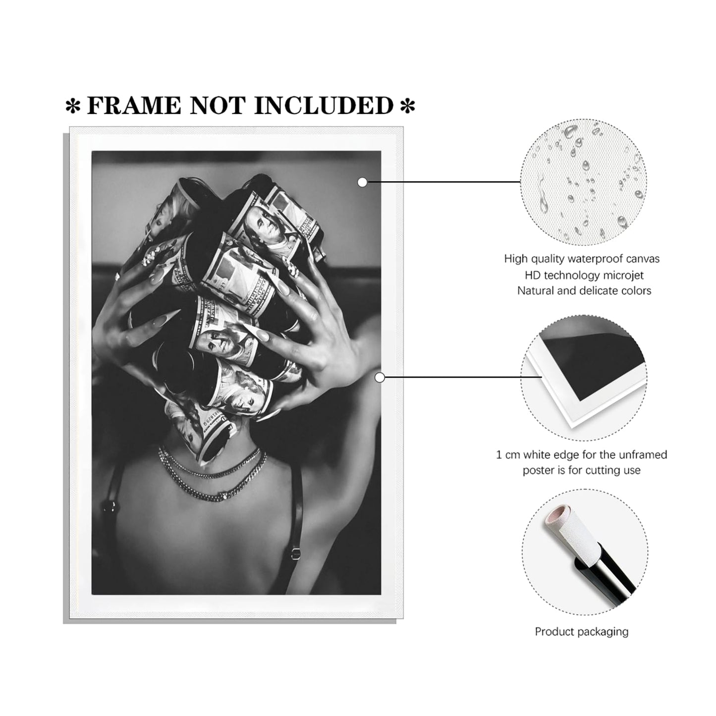 Trendy Black and White Wall Art Luxury Money Hair Rollers Black Woman Poster Retro Bold Feminine Fashion Hypebeast Print for Bedroom Dressing Living Room Dorm Decor 12x18inch Unframed