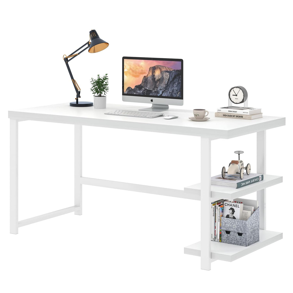 EXCEFUR White Computer Desk, Modern Home Office Desk with Storage Shelf, Wood and Metal Writing Study Table for Living Room Bedroom, 53 Inch