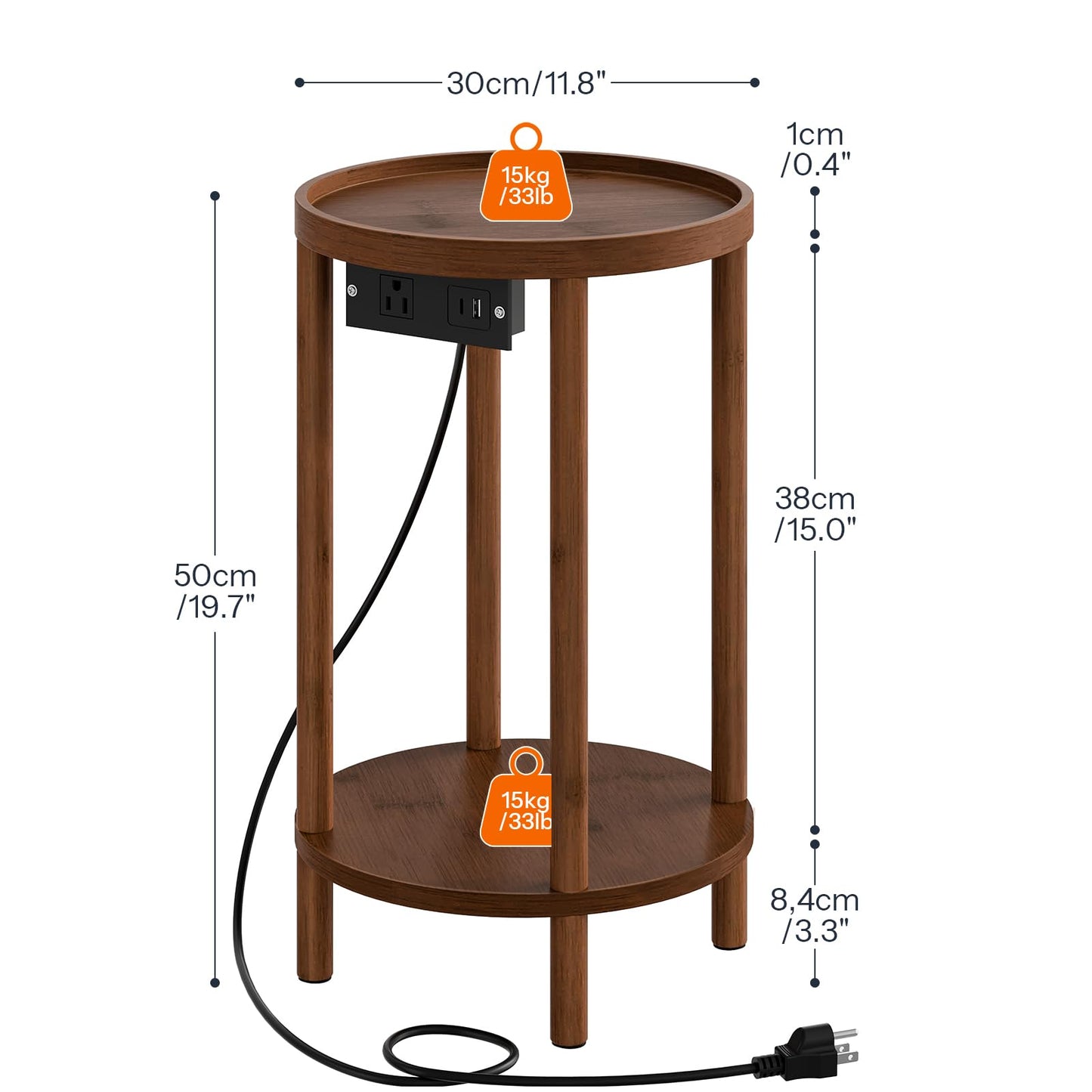 HOOBRO Small Round Side Table with Charging Station, 2-Tier Round Bamboo End Table, Compact Sofa Bedside Table for Small Space, Easy Assembly, for Living Room, Bedroom, Apartment, Mocha MA156UBZ01