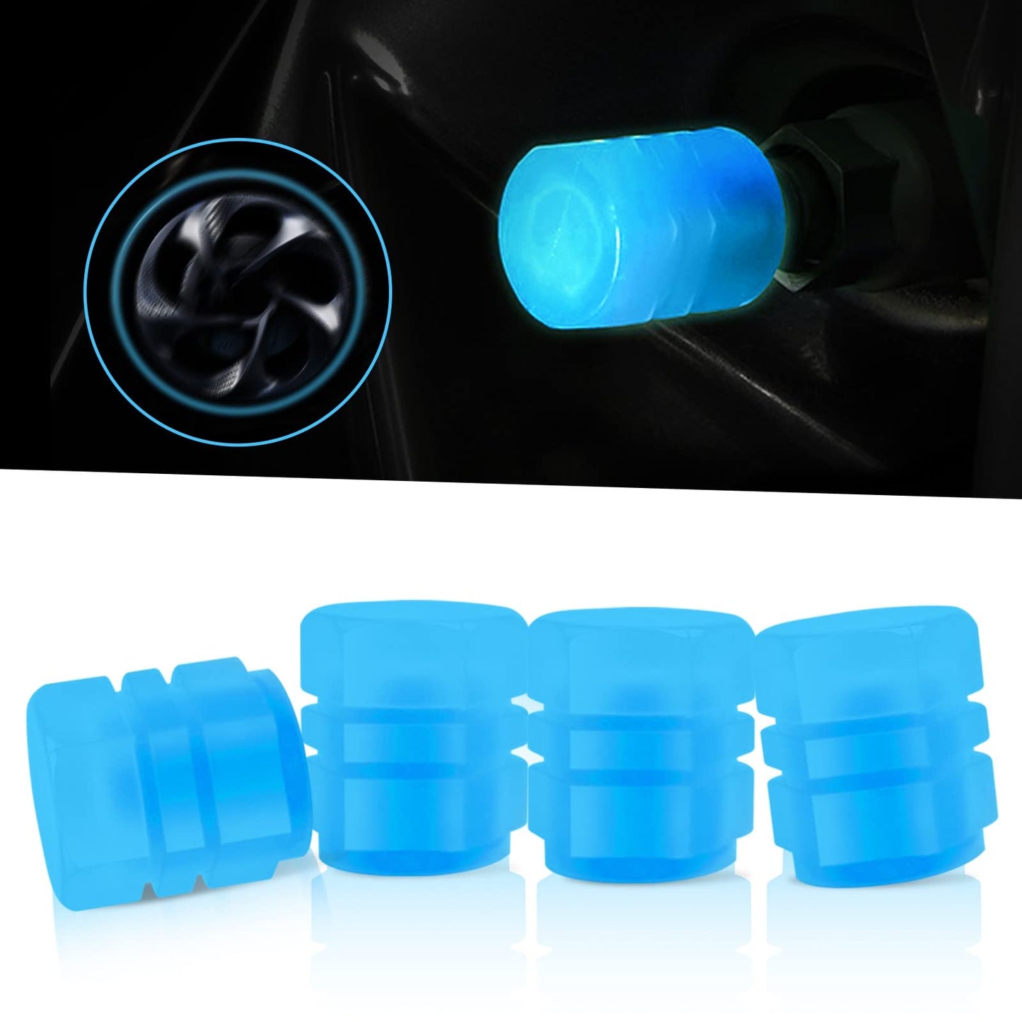 Miytsya 4 PCS Luminous Wheels Cap Tire Valve Stem, Glow Luminous at Night, Air Caps Cover Fluorescent, Illuminated Auto Car Wheel Valve Stem Caps Cover for Car, Motorcycles, Truck, Vehicle (Blue)