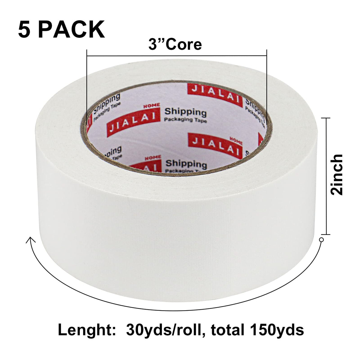 JIALAI HOME 5-Pack White Duct Tape, 2 inches x 30 Yards, 8.27 mil Thickness, Heavy Duty, Strong, Flexible, No Residue, All-Weather and Tear by Hand - for Patch, Protect and Temporary Repairs