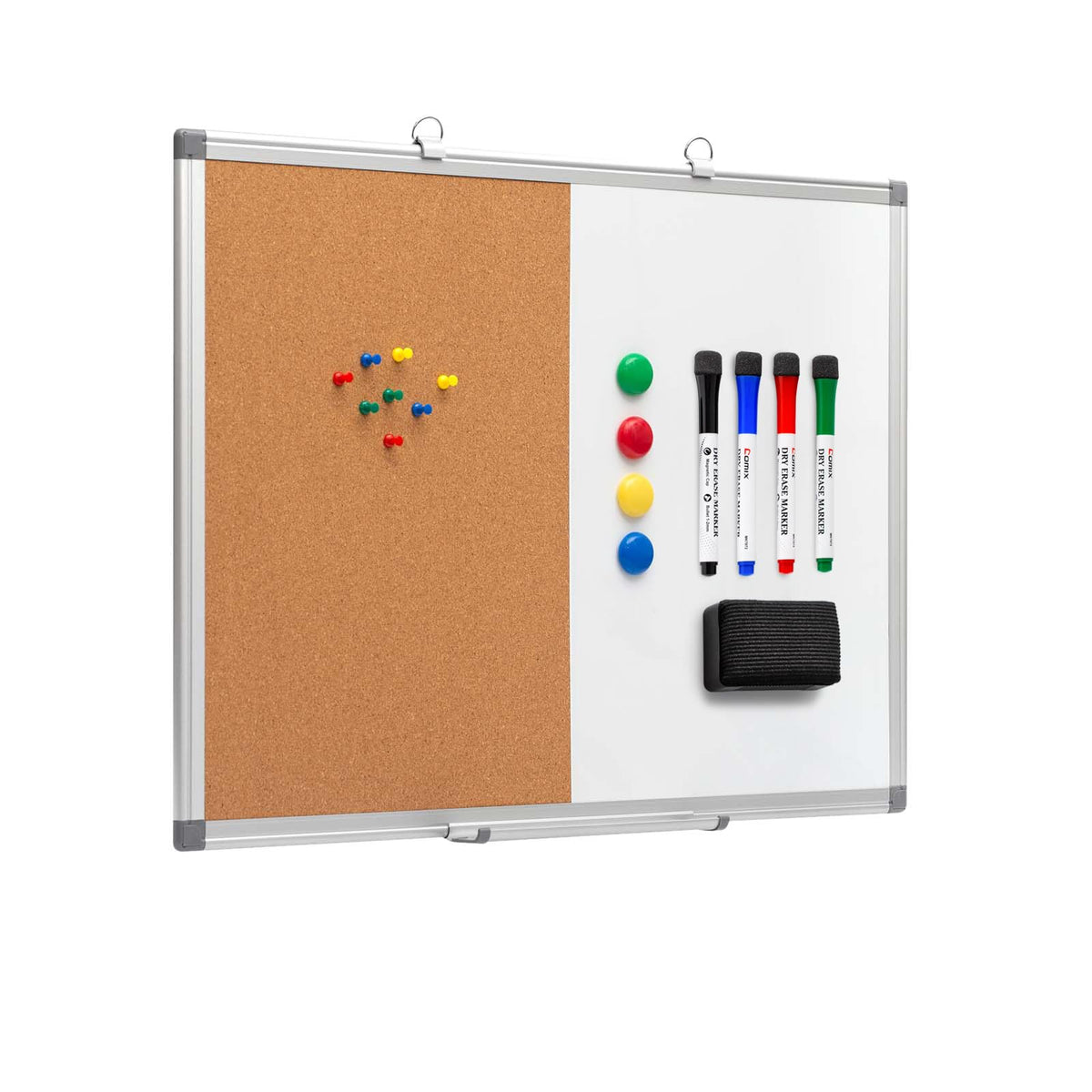Comix Cork Board Magnetic Dry Erase Board Combo, 24 x 18 Inches Whiteboard and Bulletin Board Combination, Aluminum Frame Vision Board with 4 Dry Erase Markers, 4 Magnets, Eraser, Push Pins
