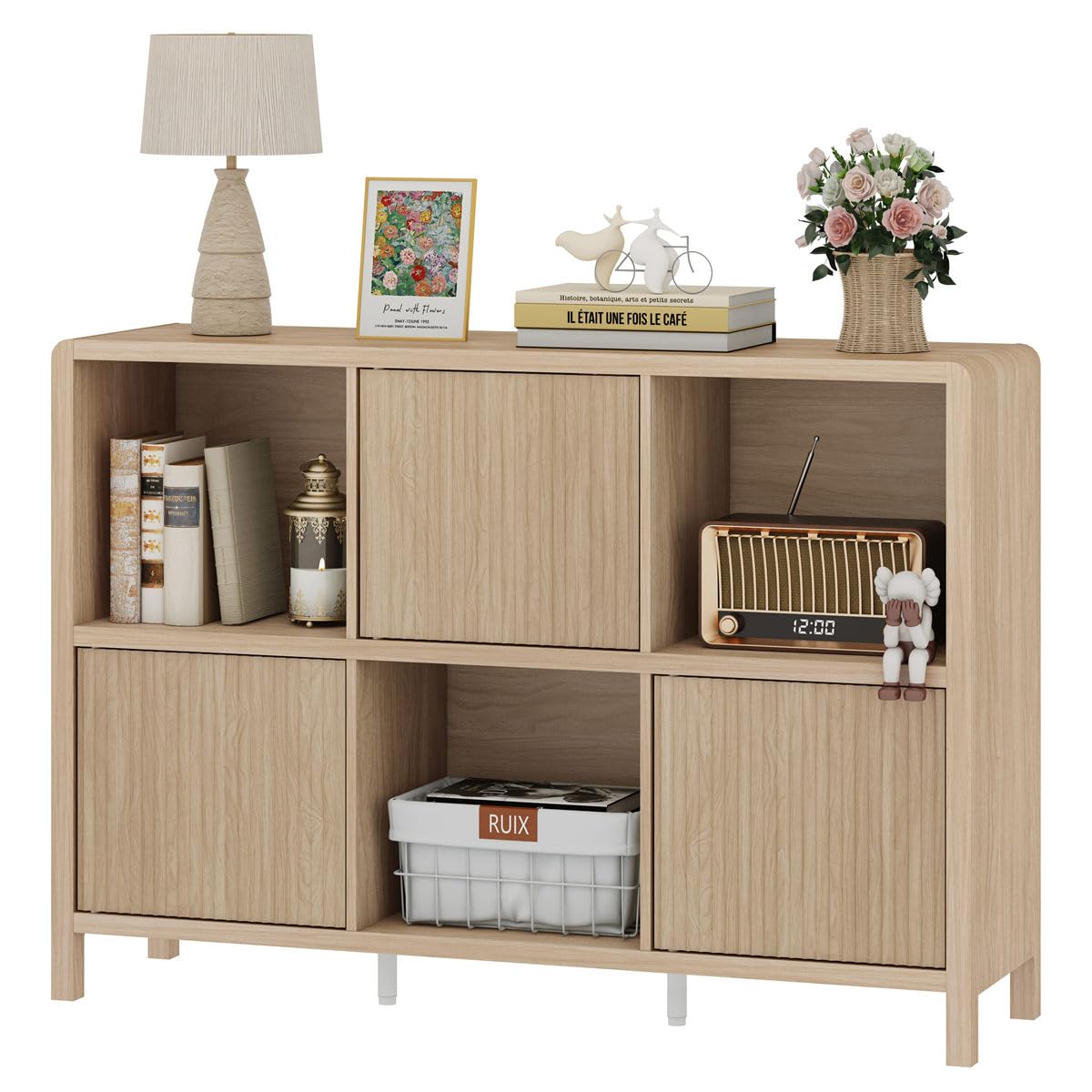 FATORRI 6 Cube Horizontal Bookshelf with 3 Doors, Modern Wood Book Shelf with Storage, Low Cubby Bookcase for Home Office (Light Walnut)