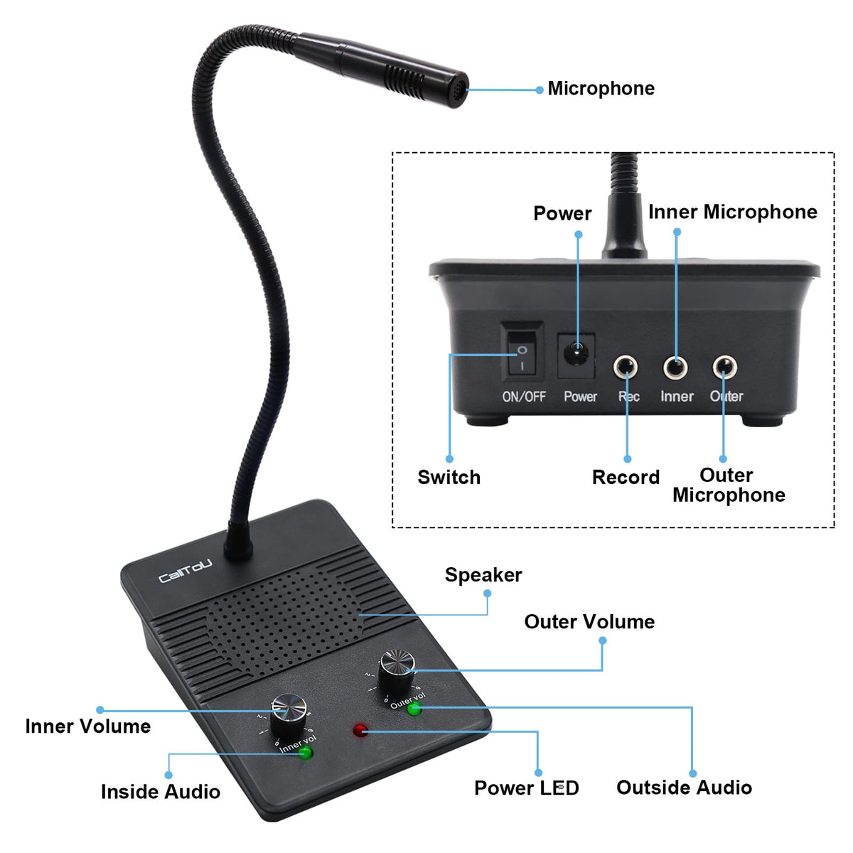 CallToU Window Speaker Intercom System,Dual Way Anti-Interference Intercommunication Microphone Talk Through Glass Window,for Business,Bank,Office,Hospital,Counter,Store,Station,School and More