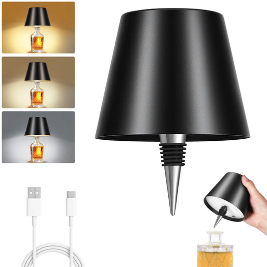 Fintoriel Rechargeable Wireless Bottle Lamp - 3 Color Stepless Dimmable, Metallic Black Lampshade, 5H Bright Light or 48H Soft Glow,Ideal for Home Décor, Parties, Bar