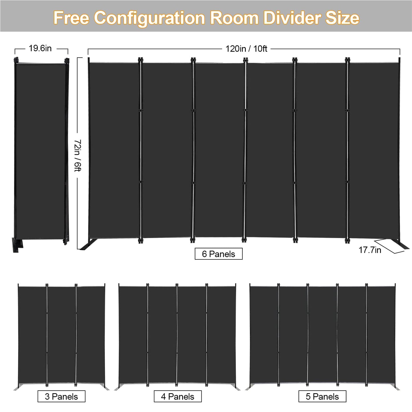 MAYOLIAH 6 Panel Folding Privacy Screen 9ft Wide, 6ft Tall Partition Room Divider Portable Office Walls Dividers, Black