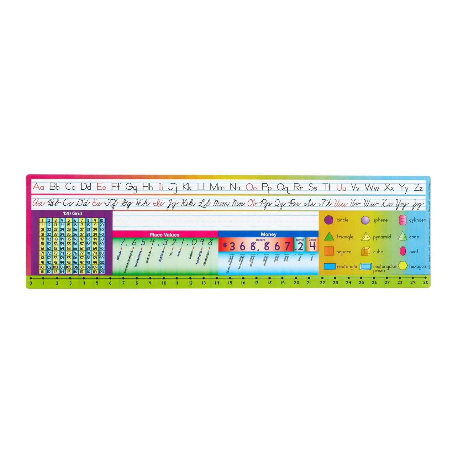 Really Good Stuff 24PK Zaner-Bloser Self-Adhesive Vinyl Desktop Reference Nameplate with Numbers, Grid, Shapes, Money-Traditional Manuscript Name Tags