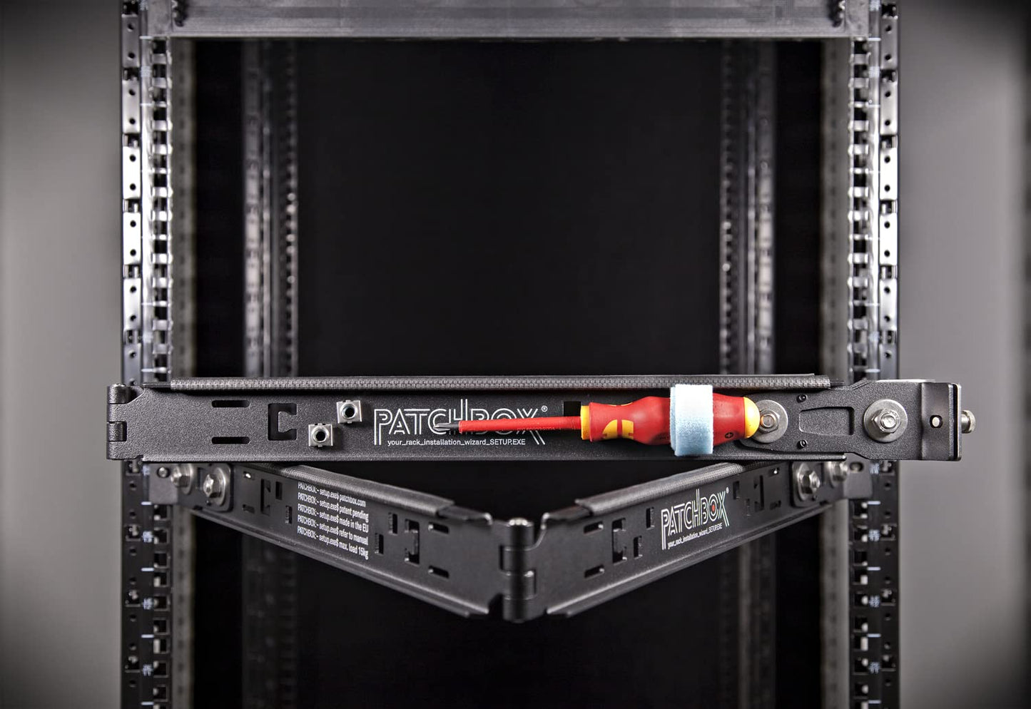 PATCHBOX Setup.exe 3 Installation Tool - Easy Mount for Patch Panels Servers Fits 19” Rails, Square and Threaded Holes - Computer Cabinet and Network Racks - Laptop, Device Workshelf, Holds 110 lbs