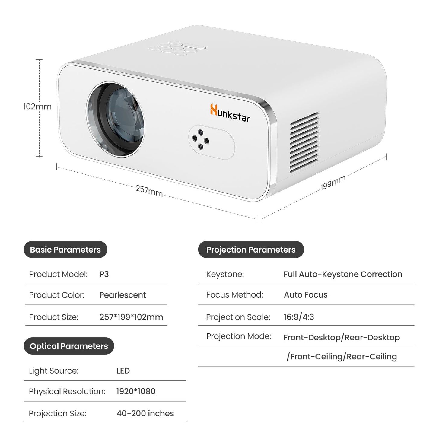 HUNKSTAR Mini Projector, 4K Support Projector with Wifi 6 and Bluetooth 5.2, 1000 ANIS Portable HD1080P Home Video Projector with Auto Focus, Suitable for Family Gatherings, Various Festivals (White)
