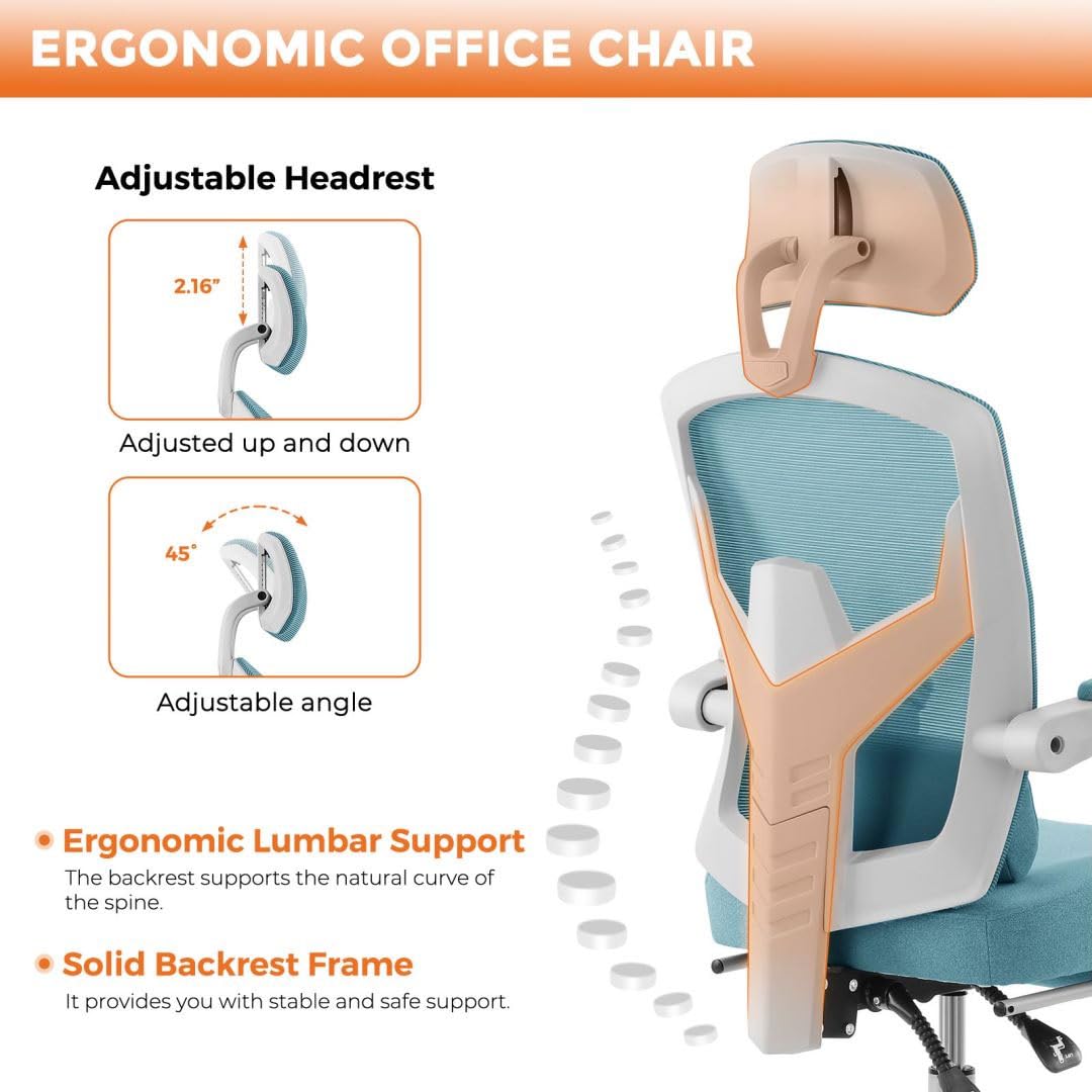 Ergonomic Office Computer Desk Chair with Lumbar Pillow and Retractable Footrest, High-Back Mesh Rolling Swivel Armchairs for Home, Gaming, Student, Blue