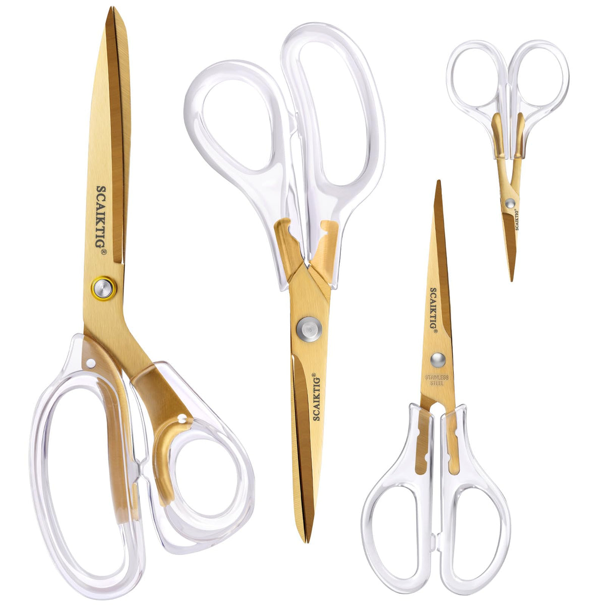 SCAIKTIG Acrylic Scissors Set, Office Scissors for Desk Gold, Clear Comfort-Grip Handles and Titanium Coated Blades, Sharp Scissors all Purpose Heavy Duty for Sewing, Art, Craft, School, Home Supplies