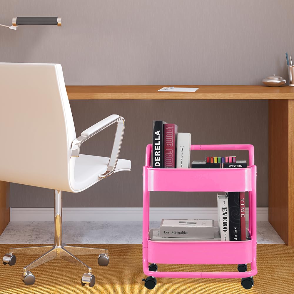 Melody House 2-Tier Metal Mesh Rolling Cart Storage Organizer with Utility Handle and Wheels, Multi-Functional Storage Trolley for Office Living Room Kitchen, Pink