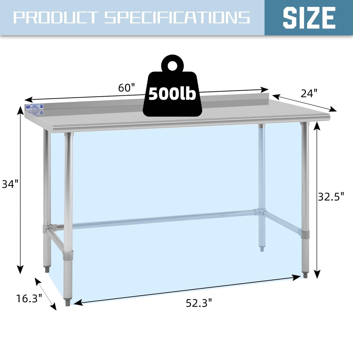 Hally Open Base Stainless Steel Table 24 x 60 Inches, NSF Commercial Heavy Duty Prep & Work Table with Backplash and Galvanized Legs for Restaurant, Home and Hotel