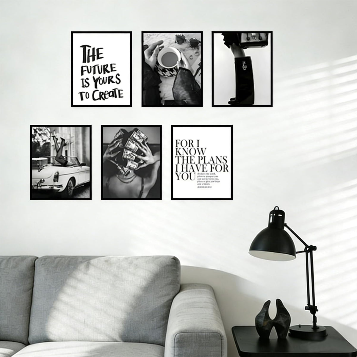 Trendy Black and White Wall Art Luxury Money Hair Rollers Girl Posters High Heels Motivational Quotes Home Decor for Bedroom Living Room Dormitory Modern Aesthetic Pictures Unframed 8x10 Inch
