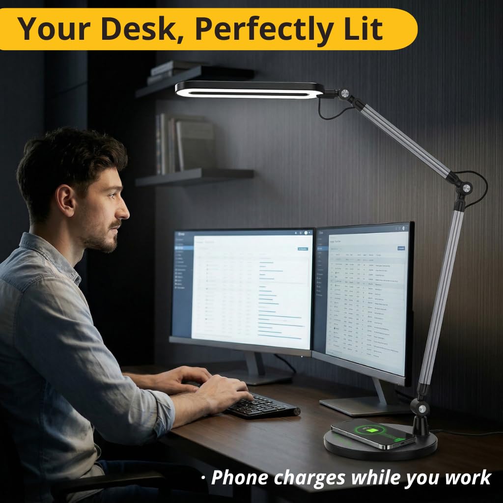 OTUS LED Architect Desk Lamp for Home Office with Wireless Charger, Adjustable Swing Arm, 32 in Tall, 11.8 in Panel, 3 Color Modes, 12 Dimmable Levels, Eye-Caring for Reading, Study, Video Calls