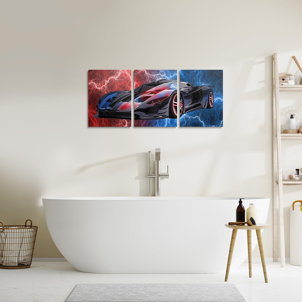 Feelyou Race Car Bathroom Wall Art for Home Decor 12"x16" 3 Piece Red and Blue Speed Sports Car Canvas Wall Art Extreme Sports Office Wall Artwork Posters Lightning Theme Wall Painting