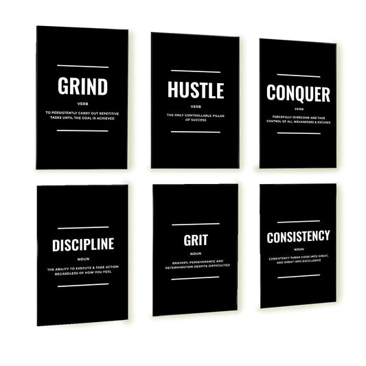 Black and White Motivational Posters Set of 6 - Inspirational Wall Art Prints for Men | Hustle Grind Discipline Office, Home Gym & Bedroom Decor | Bold Monochrome Quotes | ThrowbackTraits