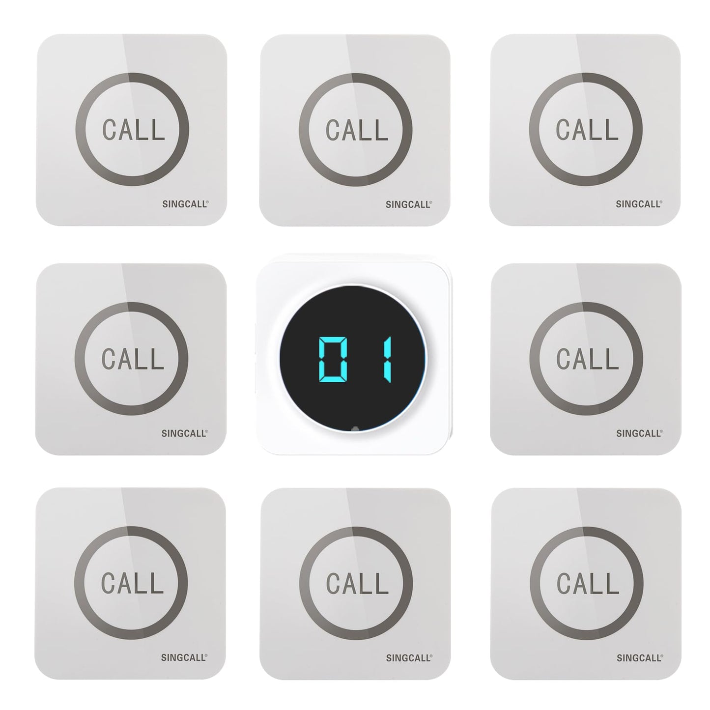 SINGCALL Restaurant Pager System Waiter Calling System Pagers and Beepers for Kitchen,Fast Food,Hotel,Restaurants,Cafe,Bar to Call Waiters 8 Waterproof Wireless Call Buttons 1 Number Display Receiver