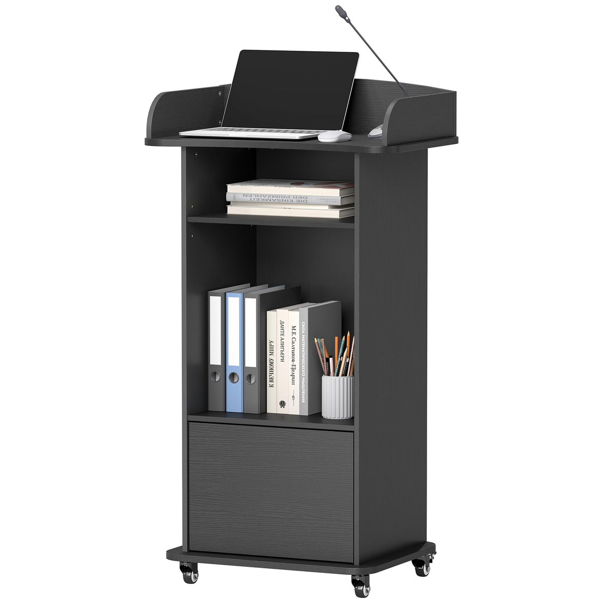 Suuiwau Portable Podium Stand with 4 Metal Wheels, Mobile Lectern Stand with Storage for Church Classroom Restaurant Reception Office Presentation, Wooden Pulpit Desk for Hostess Teacher (Black)