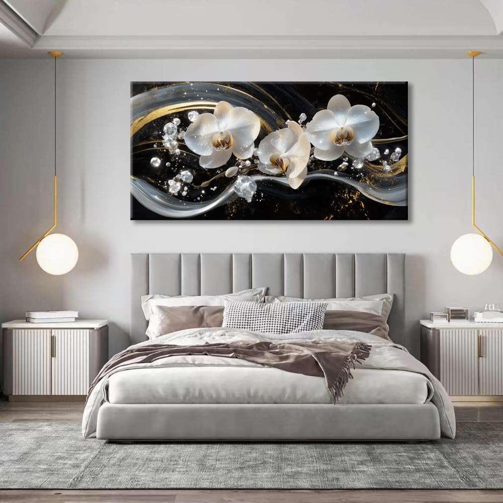 White Orchid Canvas Wall Art - Modern Floral Picture for Living Room, Bedroom Wall Decor, Framed Wall Art for Home Decoration, Elegant Flower Paintings Ready to Hang, Large Wall Art 50x100cm(20x40in)