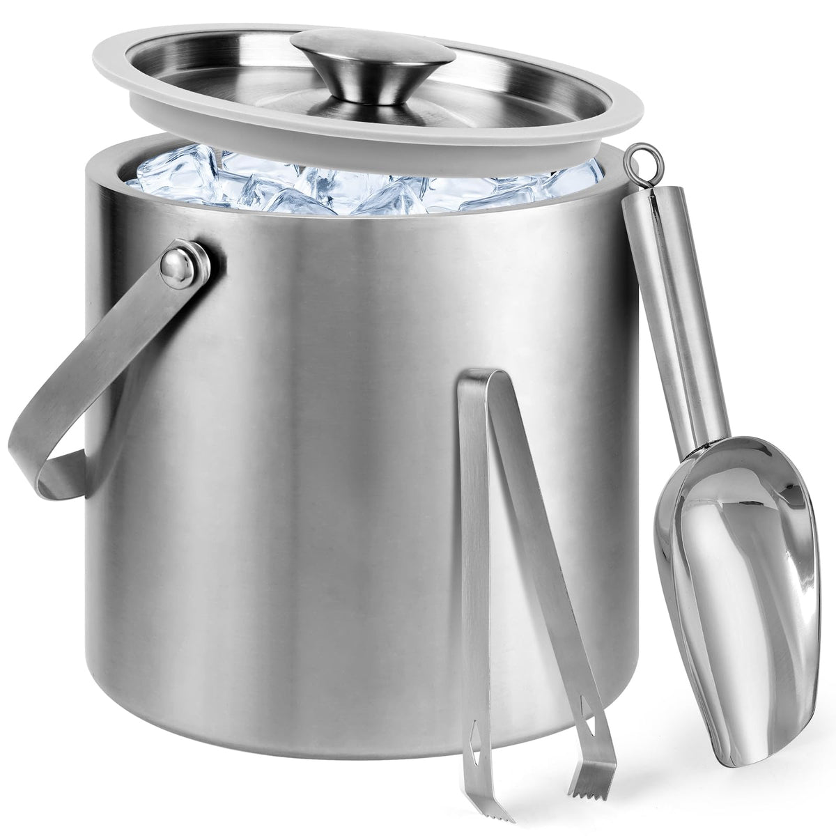 Yeatruojeet Ice Bucket, 3L Double Wall Insulated Ice Bucket with Lid,Scoop,Tongs- Inner Layer 304 Stainless Steel Ice Container Keep Ice Frozen Longer- Ideal for Cocktail Bar,Parties,Chilling Beer Win