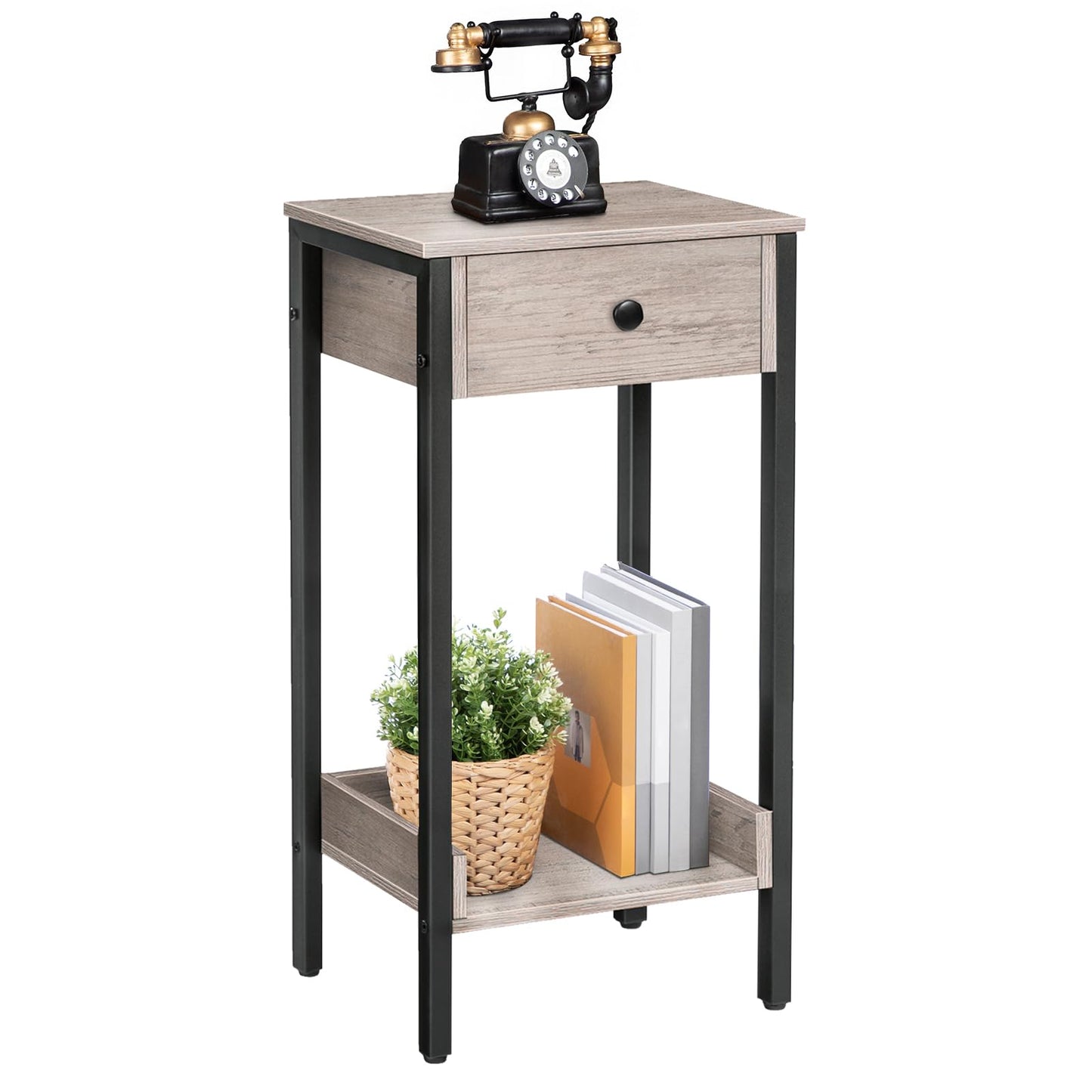 HOOBRO Tall End Table, Nightstand, Industrial Side Table with Drawer and Storage Shelf, for Study, Bedroom, Space Saving, Greige and Black BG71BZ01