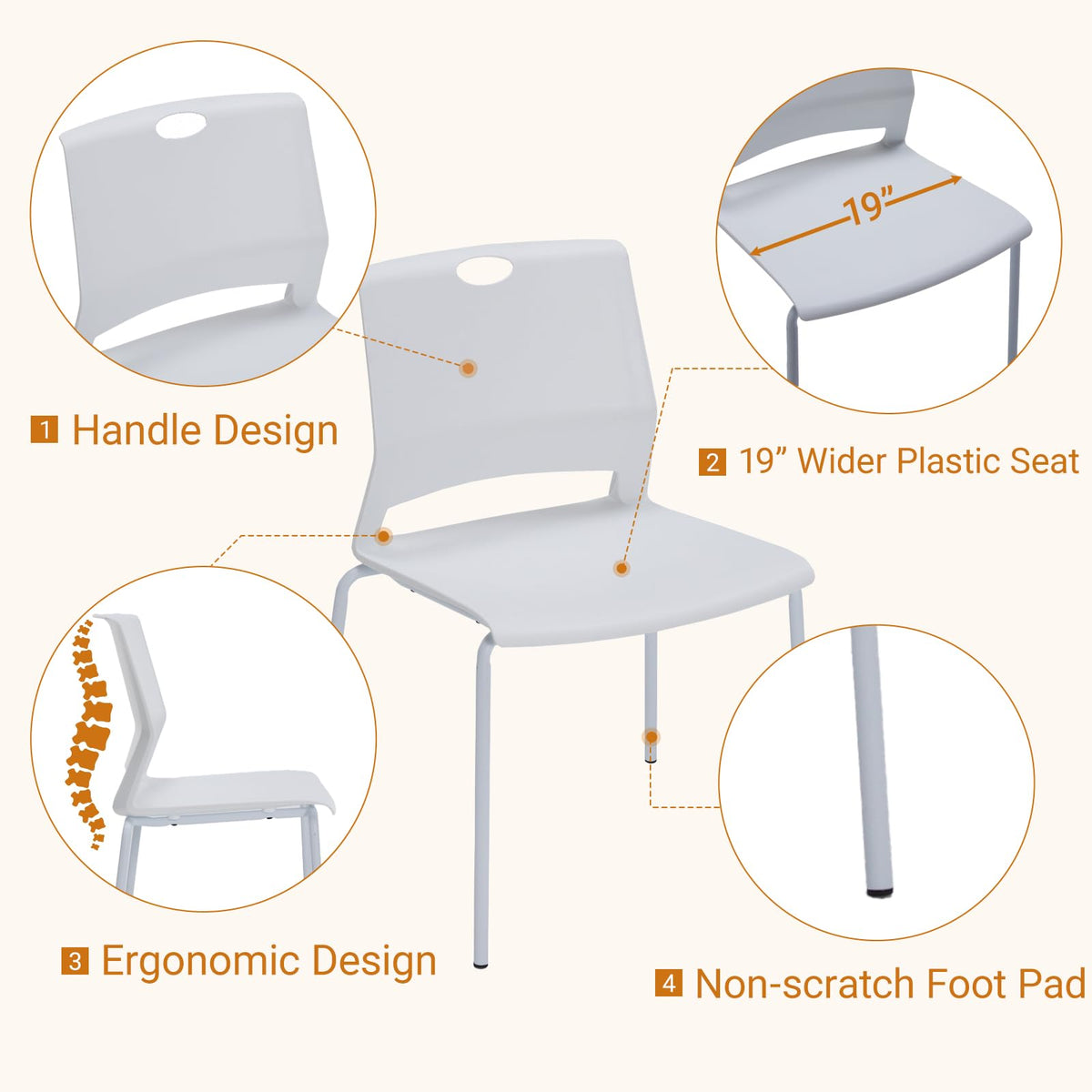 Sidanli Stackable Chairs Set of 4, Waiting Area & Breakroom Chairs in White with Back