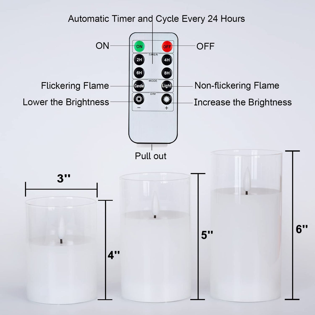 Amagic Clear Glass Flameless Candles Battery Operated with Timer, Remote Control, LED Pillar Candles, Battery Powered, Valentine's Day Decor, Pure White Wax, Set of 3