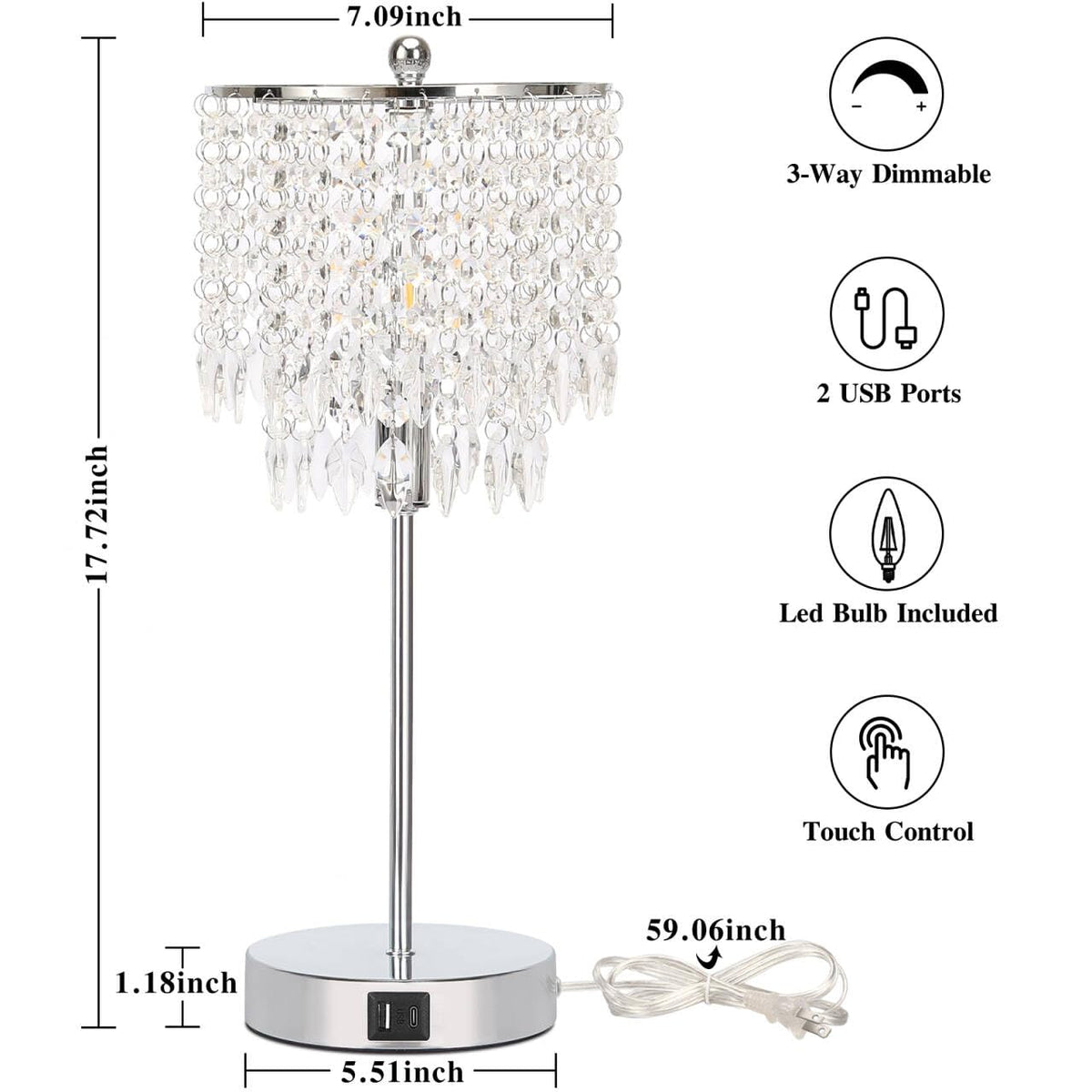 Boncoo Crystal Table Lamp Set of 2 Touch Control, Crystal Lamps with USB Ports Elegant Shade Bedside Lamp Silver, Dimmable Touch Table Lamp for Nightstand Bedroom Living Room, 4W LED Bulb Included
