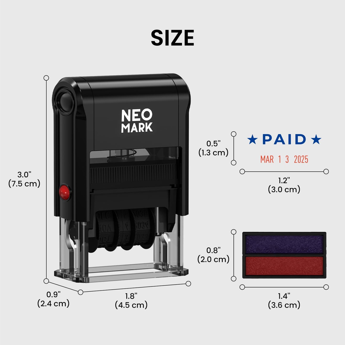 NEO MARK Self-Inking Date Office Stamp with Paid Blue Ink & Date Red Ink, 12-Year Adjustable Rubber Dater, Ideal for Documents, Business & Accounting - with an Extra Refill Ink Pad