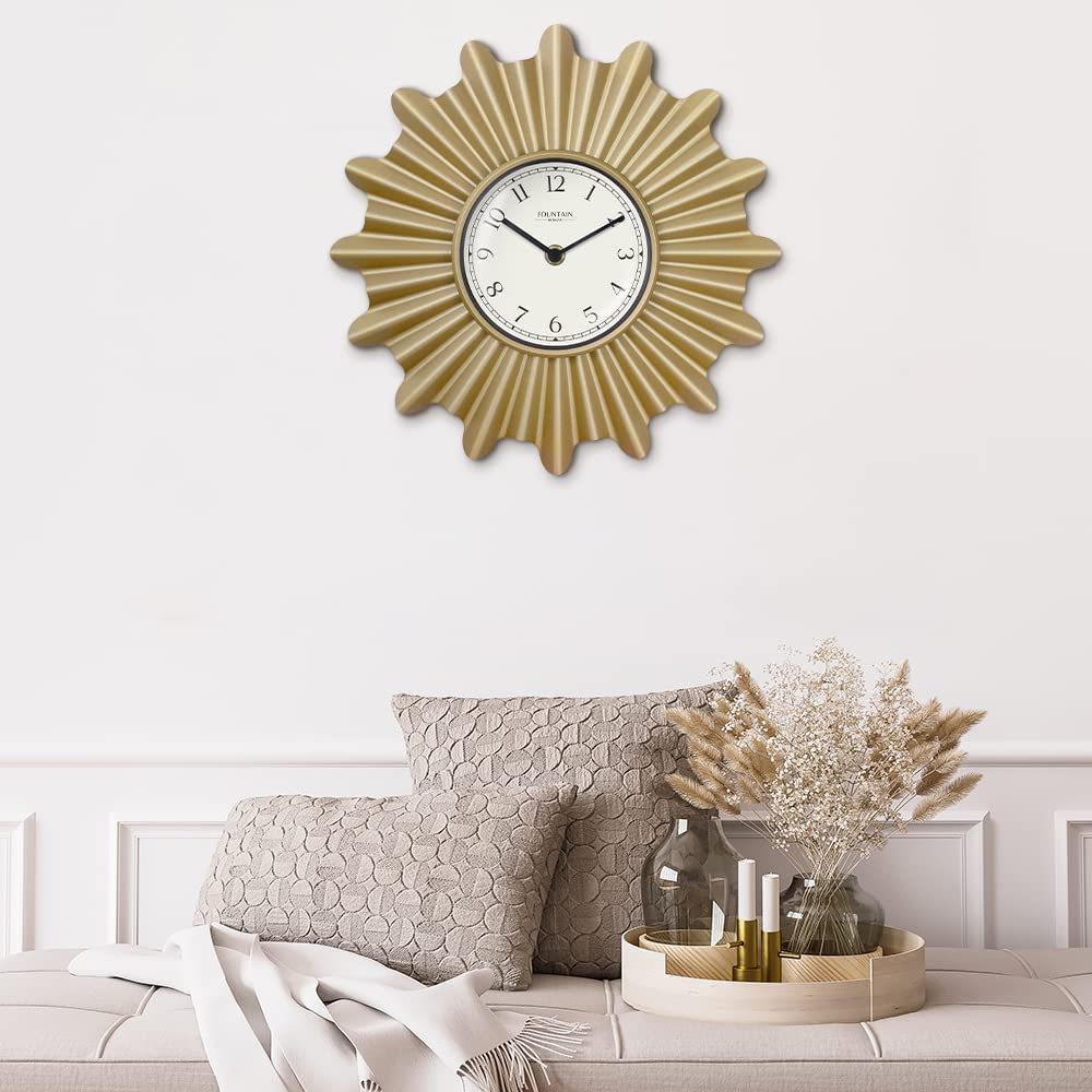 FOUNTAIN DESIGNS 18 Inch Mid Century Modern Starburst Wall Clock, Minimalist Silent Non Ticking Metal Wall Clock for Living Room Decor, (Hamilton Gold, 18")