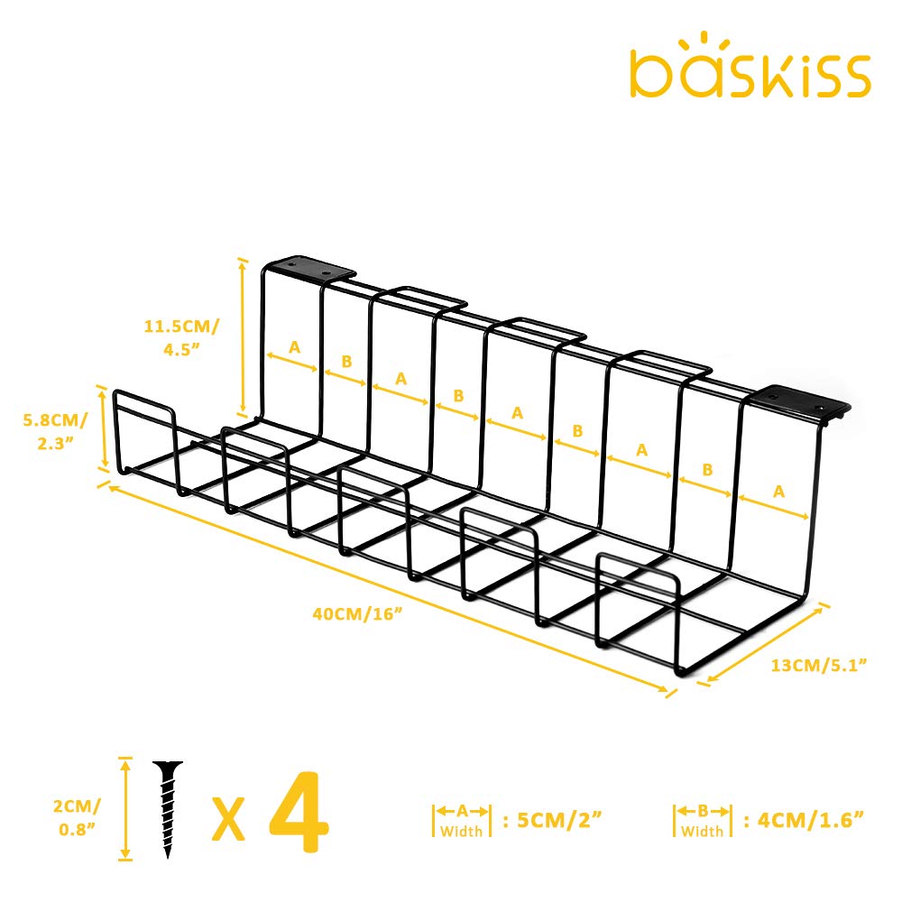 2 Packs Cable Management Tray, 16" Under Desk Organizer for Wire Organization, Metal Holder for Desktop Computer Home Office Kitchen Workstation to Cover and Hide Power Strips (Black)