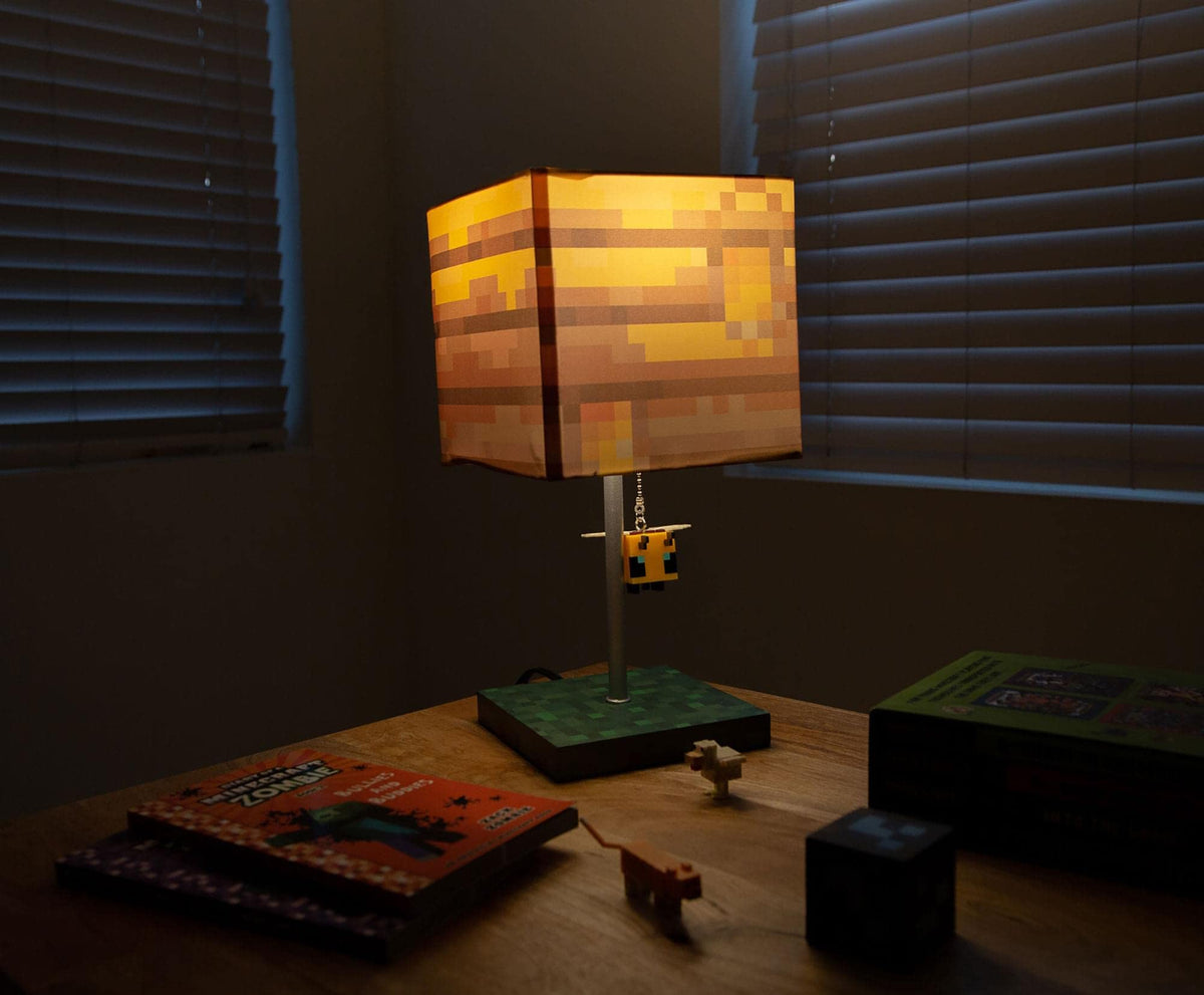 Minecraft Yellow Bee Nest Block Desk Lamp with 3D Bee Puller | Nightstand Table Lamp with LED Mood Light for Bedroom, Desk, Living Room, Playroom | Home Decor Kids Room Essentials | Video Game Gifts