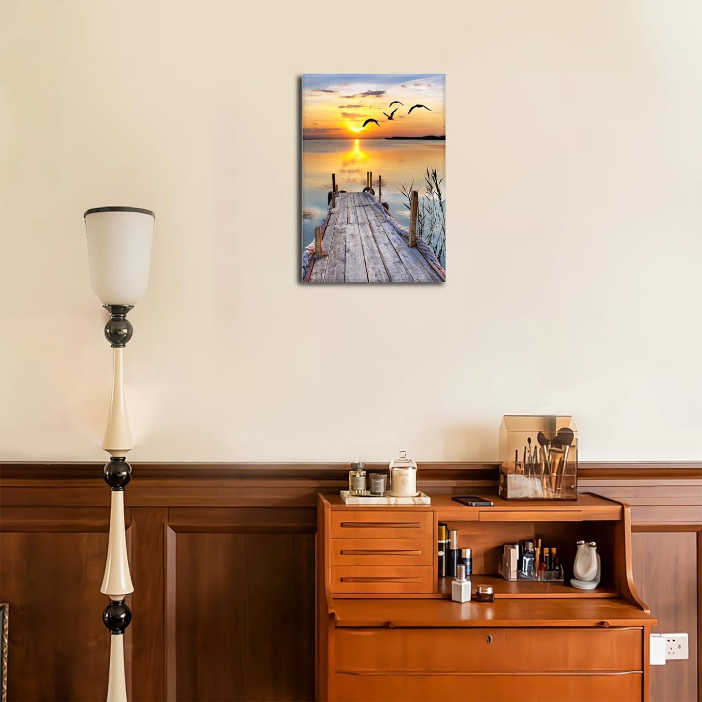 Sunset Wall Art Lakeside Pier Trail Canvas prints Sunset Nature Landscape Painting for Home Living Room Bedroom Office (12x16 inch) Framed